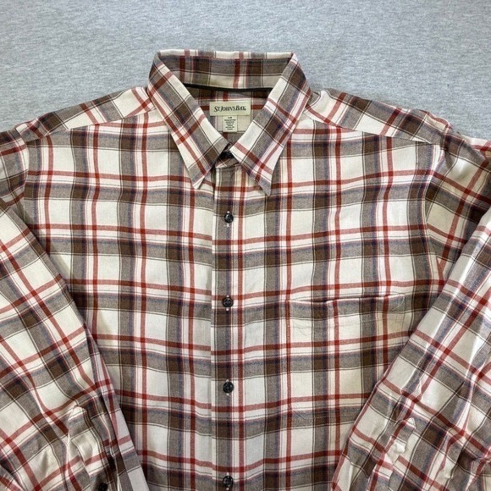 St‎ Johns Bay Mens Large Plaid Button Down Shirt Brown Red Cotton Herringbone - Picture 3 of 7